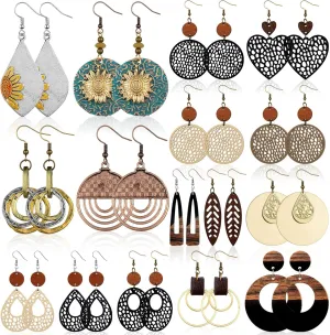 16 Pairs Boho Wooden Earrings for Women Vintage Jewelry Set Retro Geometric Round Earrings Lightweight Hollow out Statement Jewelry Gifts