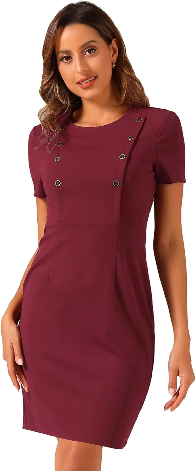 Allegra K Short Sleeve Sheath Dress for Women's Business Casual Bodycon Pencil Dress