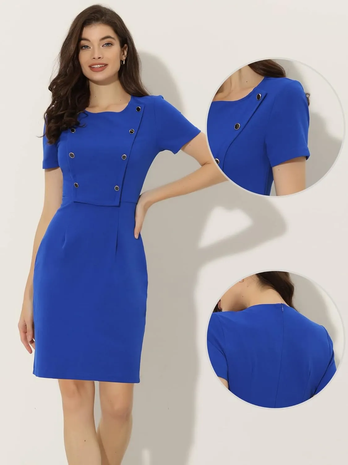 Allegra K Short Sleeve Sheath Dress for Women's Business Casual Bodycon Pencil Dress