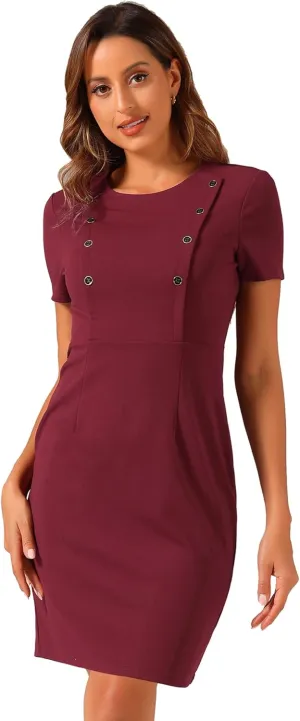 Allegra K Short Sleeve Sheath Dress for Women's Business Casual Bodycon Pencil Dress