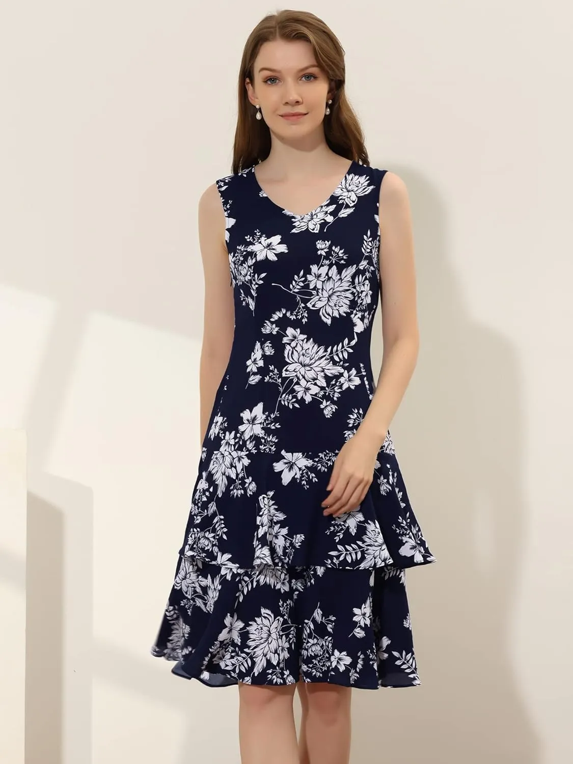 Allegra K Women's Dress Suit Sets 2 Pcs Chiffon V Neck Floral Print Contrast Panel Work Jacket Dresses