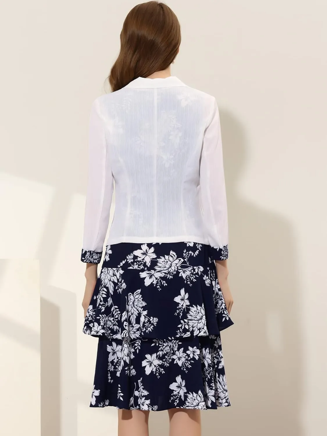Allegra K Women's Dress Suit Sets 2 Pcs Chiffon V Neck Floral Print Contrast Panel Work Jacket Dresses