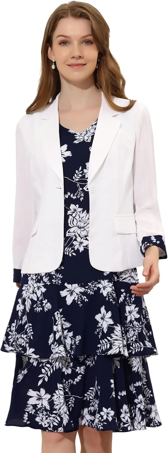 Allegra K Women's Dress Suit Sets 2 Pcs Chiffon V Neck Floral Print Contrast Panel Work Jacket Dresses