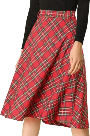 Allegra K Women's Tartan Plaid High Waist Belted Vintage A-Line Midi Skirt