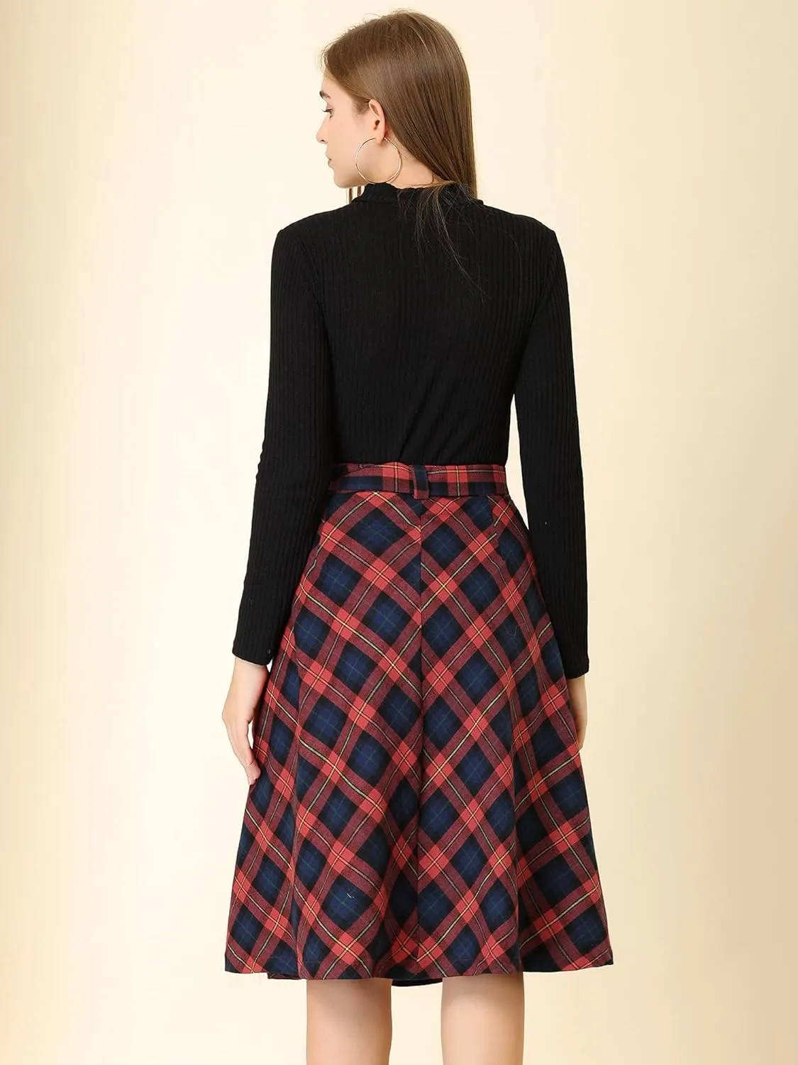 Allegra K Women's Tartan Plaid High Waist Belted Vintage A-Line Midi Skirt