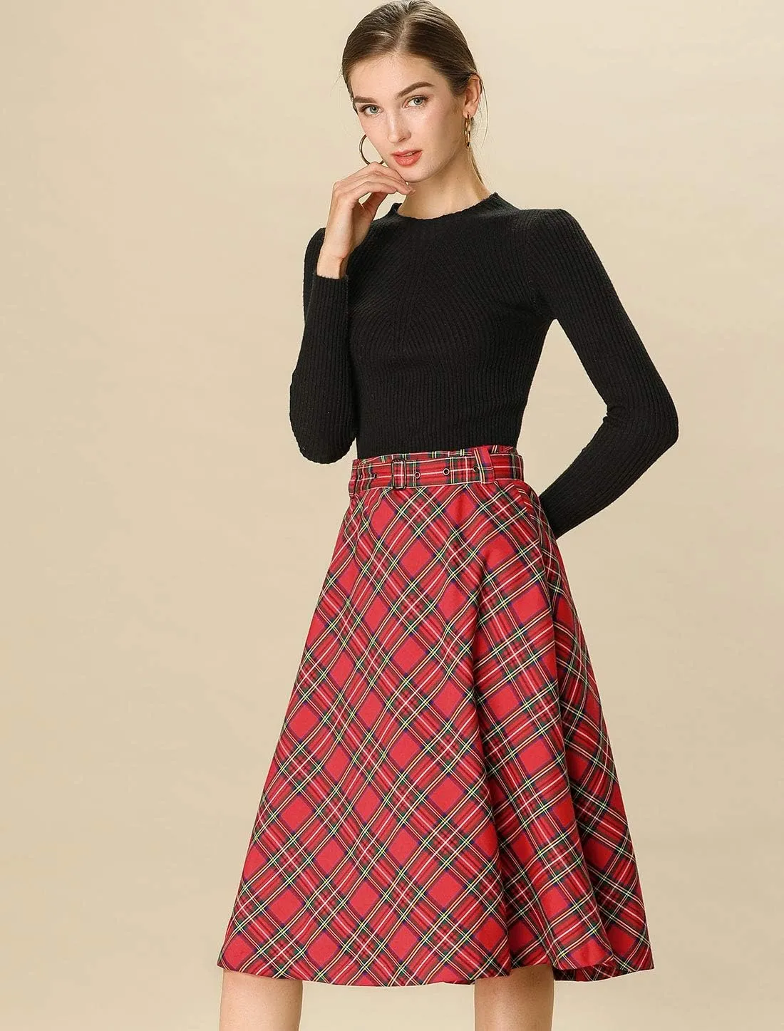 Allegra K Women's Tartan Plaid High Waist Belted Vintage A-Line Midi Skirt