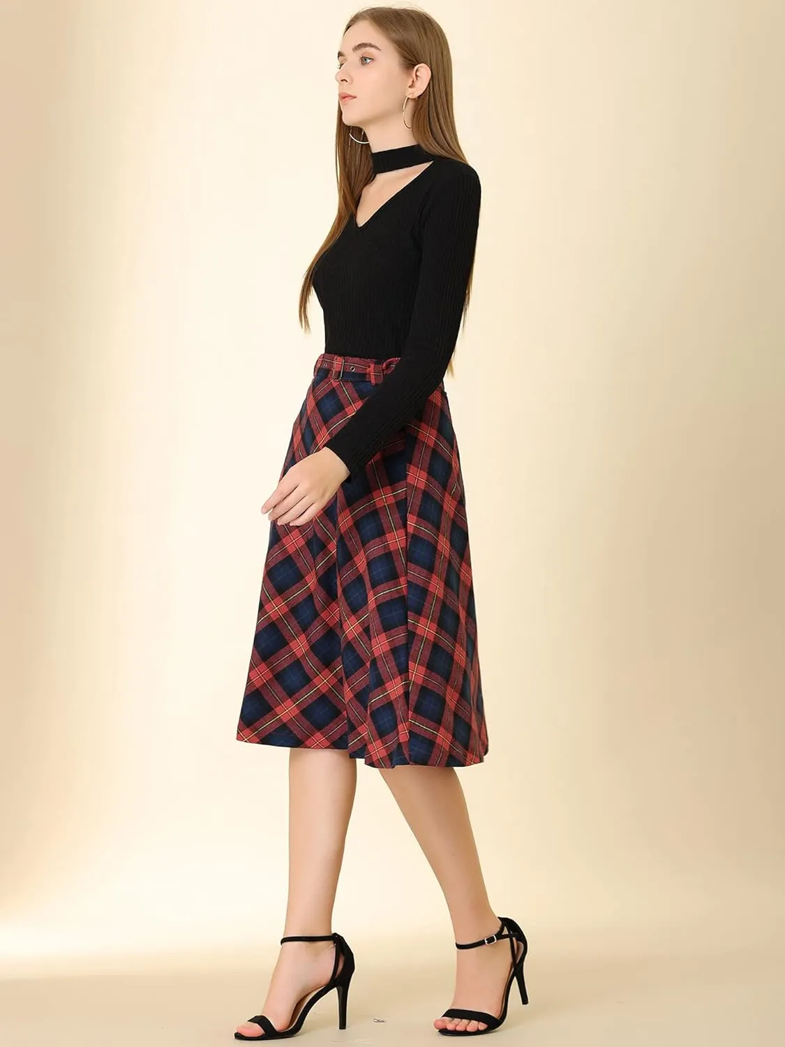 Allegra K Women's Tartan Plaid High Waist Belted Vintage A-Line Midi Skirt