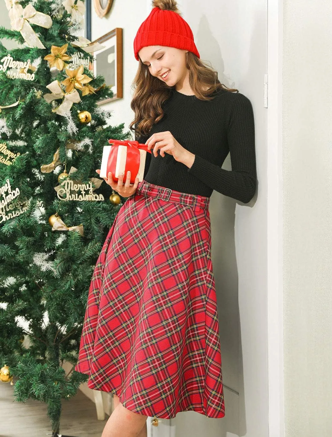 Allegra K Women's Tartan Plaid High Waist Belted Vintage A-Line Midi Skirt
