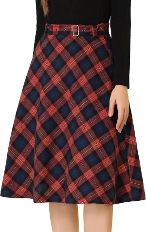 Allegra K Women's Tartan Plaid High Waist Belted Vintage A-Line Midi Skirt