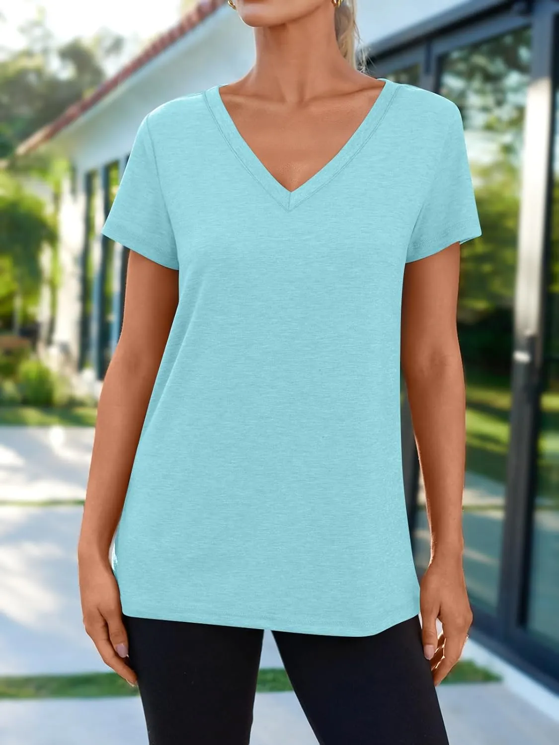 AUTOMET T-Shirts Short Sleeve V Neck Tees Tops for Women Fashion Trendy Lightweight Soft Casual Summer Outfits Clothes 2025