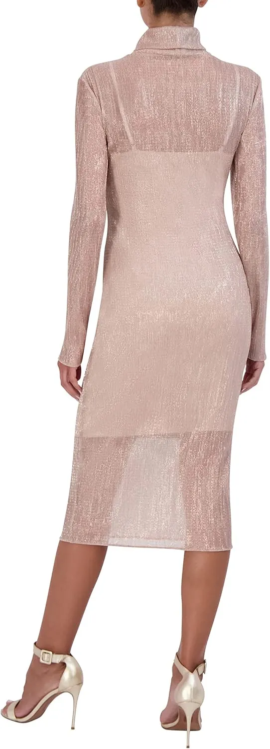 BCBGMAXAZRIA Women's Fitted Bodycon Midi Dress Long Sleeve Mock Neck Pleated Glitter Mesh