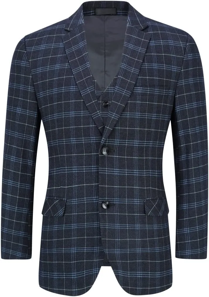 Cloudstyle Mens 3-Piece Plaid Suit Set Modern Fit Jacket Tux Blazer Vest Pants