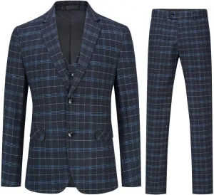 Cloudstyle Mens 3-Piece Plaid Suit Set Modern Fit Jacket Tux Blazer Vest Pants