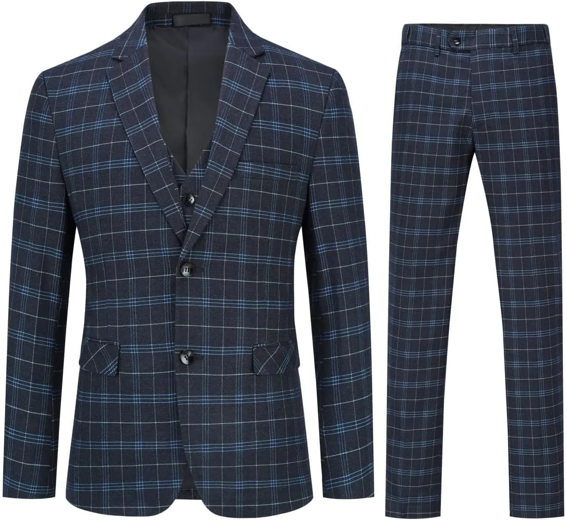 Cloudstyle Mens 3-Piece Plaid Suit Set Modern Fit Jacket Tux Blazer Vest Pants