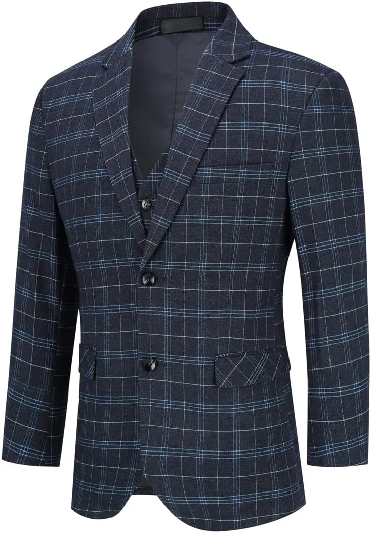 Cloudstyle Mens 3-Piece Plaid Suit Set Modern Fit Jacket Tux Blazer Vest Pants