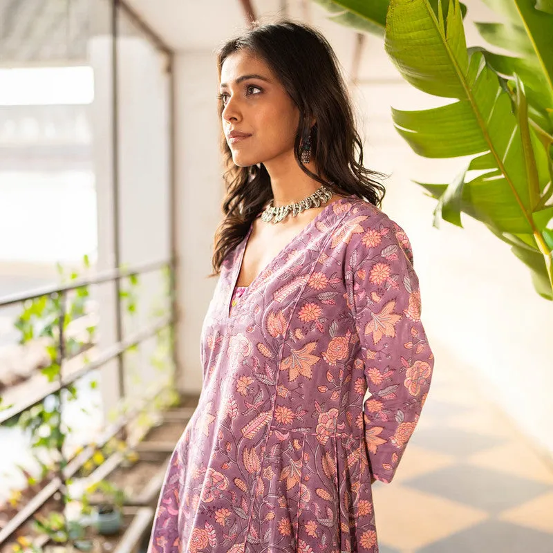 Cotton Anarkali Kurta Set for Women | Purple | Block Print
