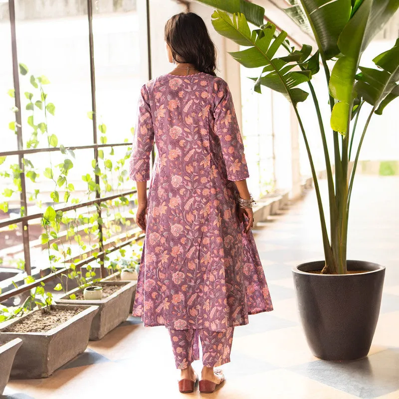 Cotton Anarkali Kurta Set for Women | Purple | Block Print