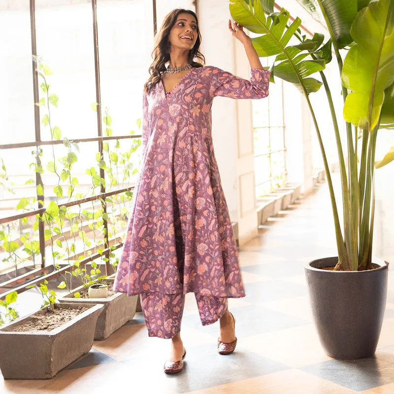 Cotton Anarkali Kurta Set for Women | Purple | Block Print