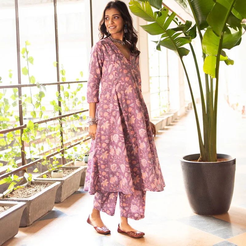 Cotton Anarkali Kurta Set for Women | Purple | Block Print