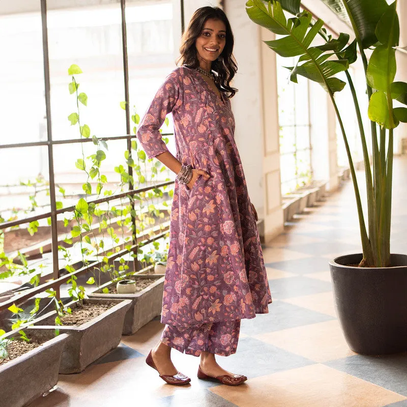 Cotton Anarkali Kurta Set for Women | Purple | Block Print