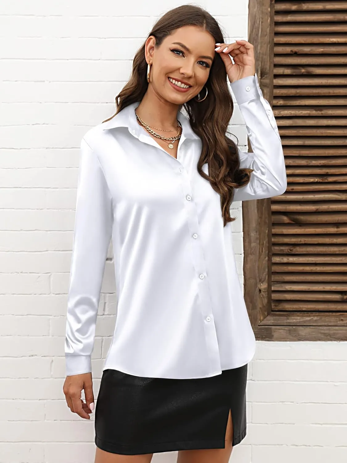 CUNLIN Womens Soft Satin Silk Leopard Button Down Shirts for Women Silky Long Sleeve Work Shirt Dress Blouses Tops