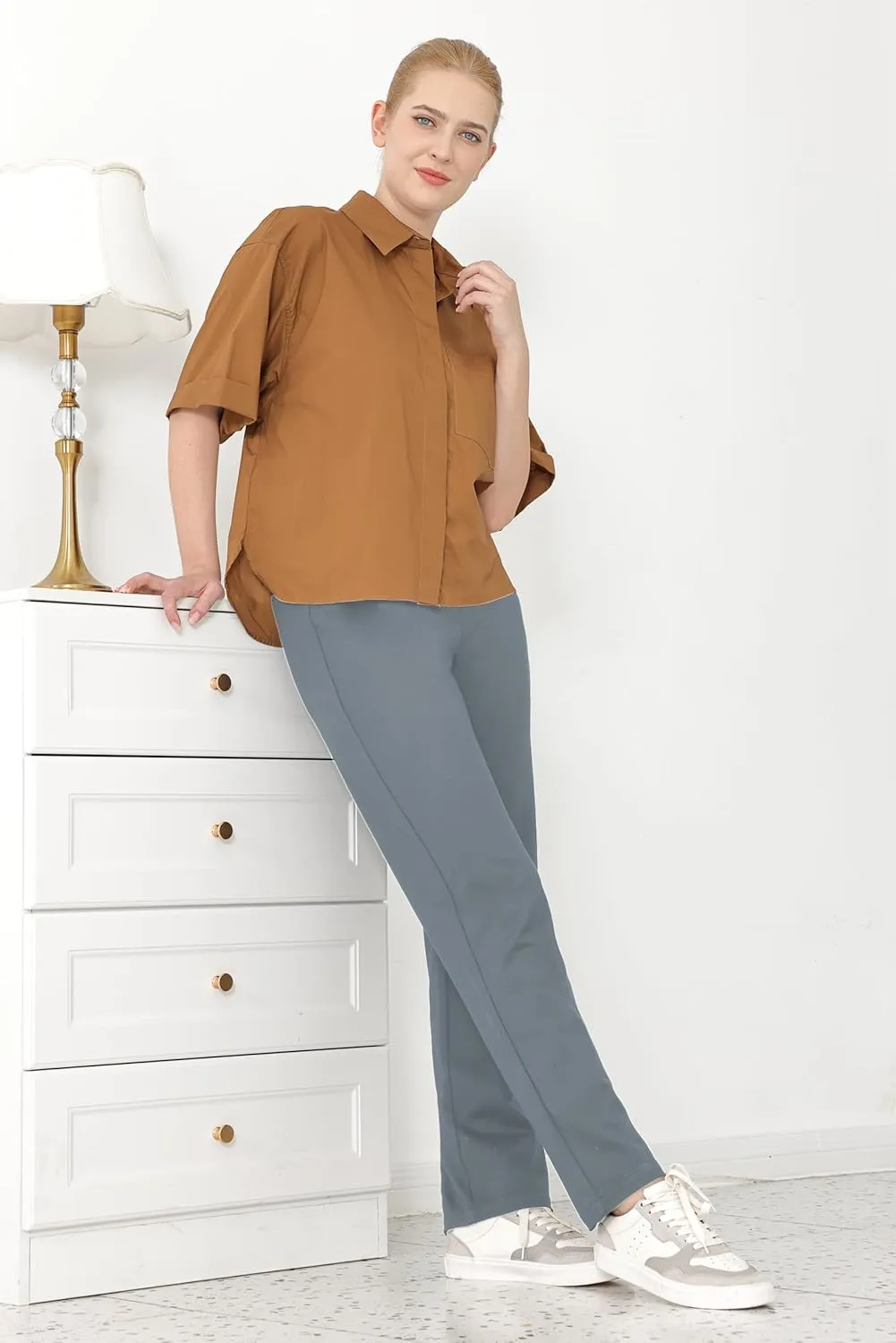 Dress Pants for Women Work Straight Pants with Pockets High Waisted Casual Business Slacks 29" Inseam Pull On Trousers