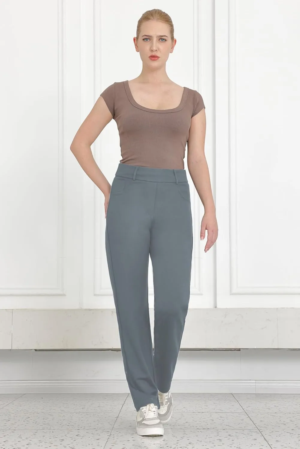 Dress Pants for Women Work Straight Pants with Pockets High Waisted Casual Business Slacks 29" Inseam Pull On Trousers