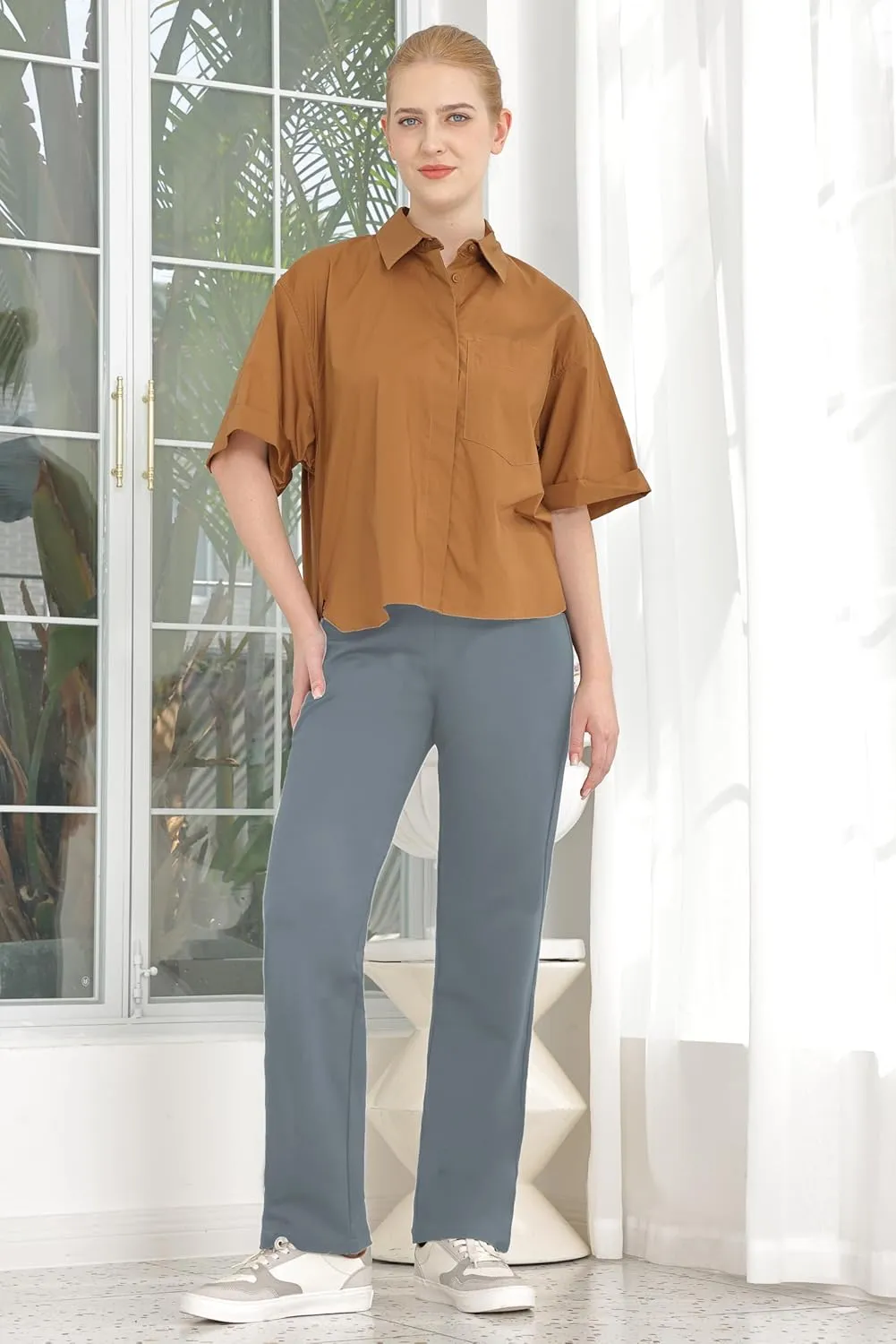 Dress Pants for Women Work Straight Pants with Pockets High Waisted Casual Business Slacks 29" Inseam Pull On Trousers