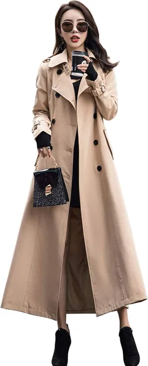 ebossy Women's Double Breasted Duster Trench Coat Slim Full Length Maxi Long Overcoat