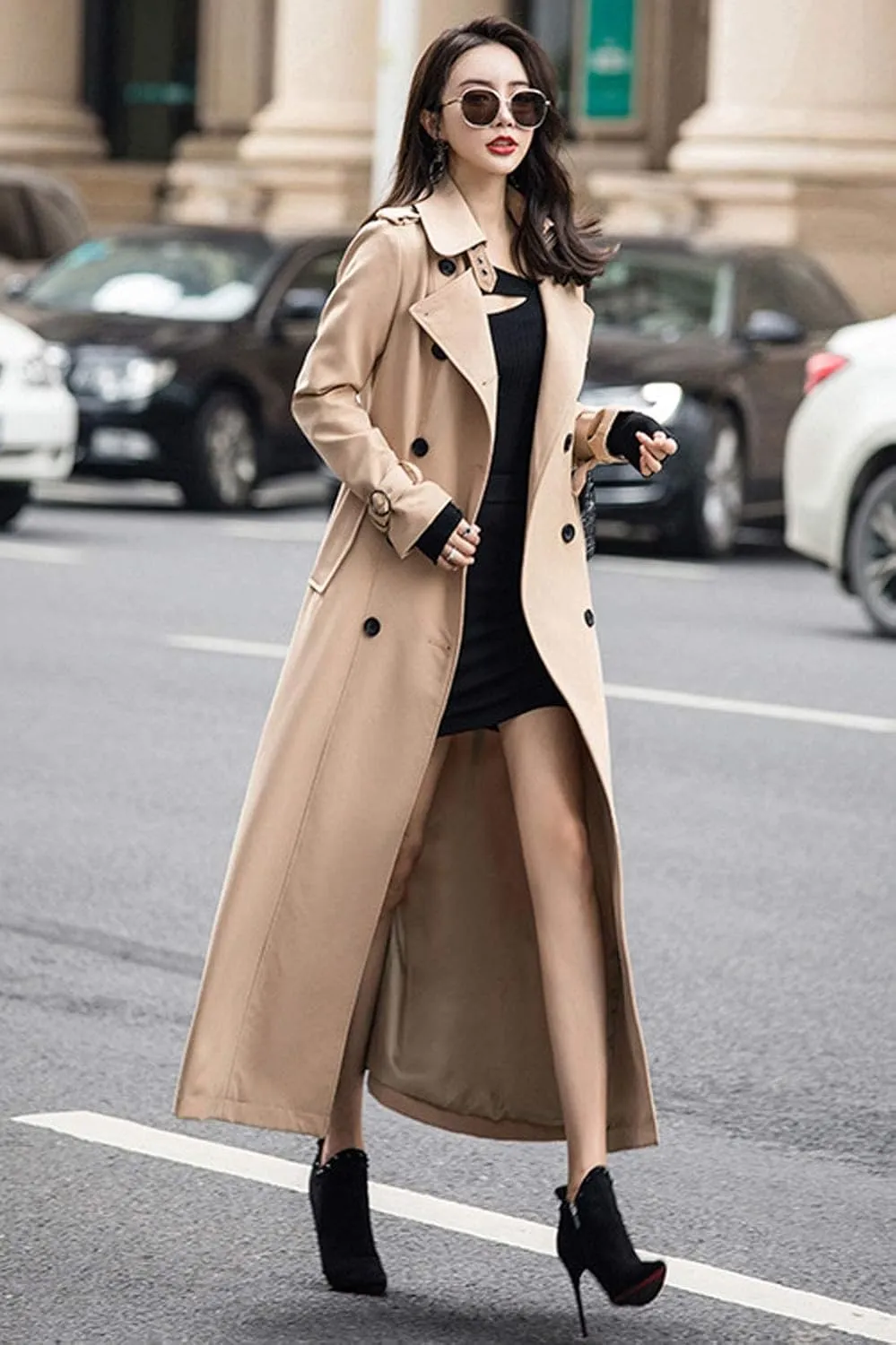 ebossy Women's Double Breasted Duster Trench Coat Slim Full Length Maxi Long Overcoat
