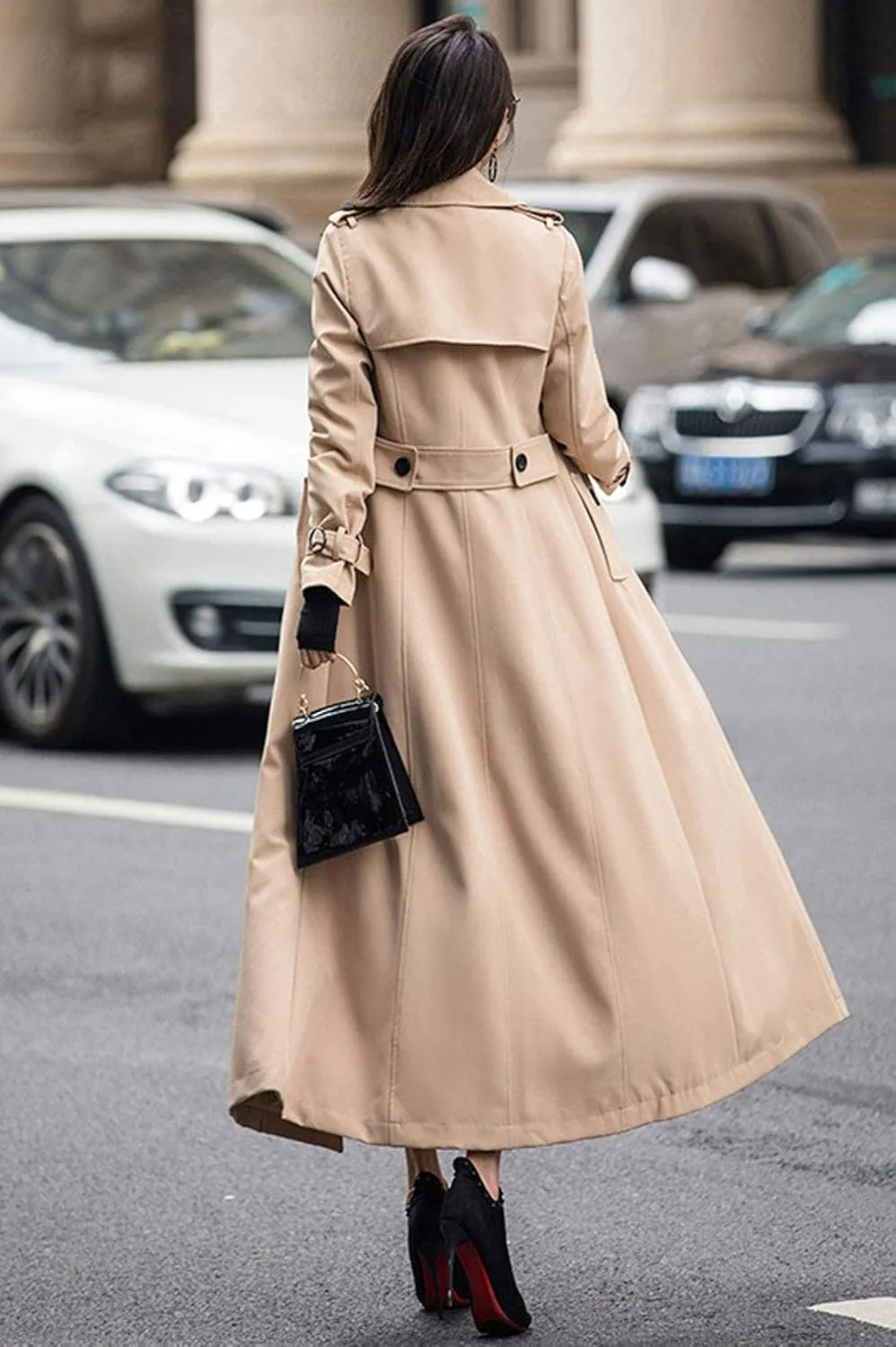 ebossy Women's Double Breasted Duster Trench Coat Slim Full Length Maxi Long Overcoat