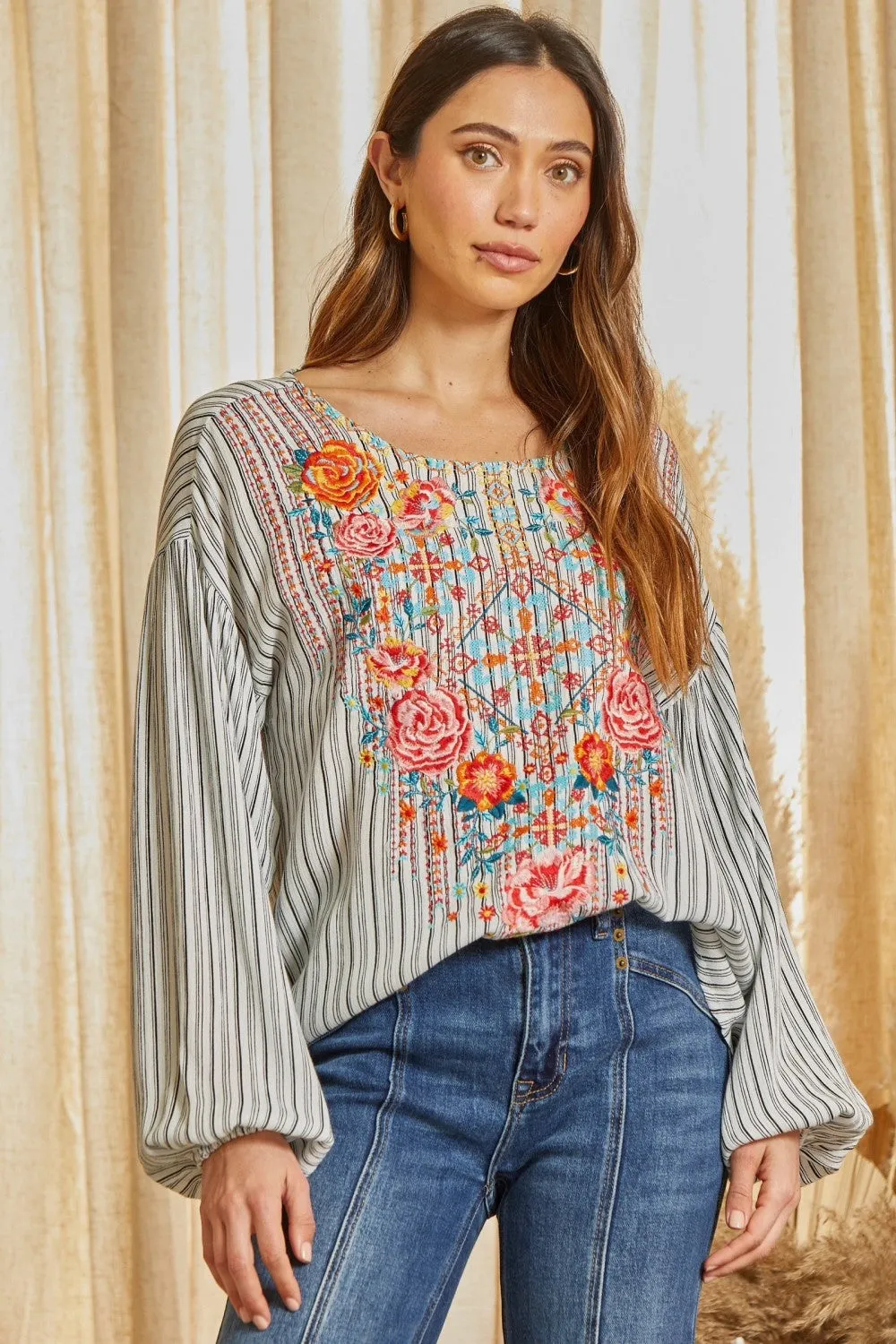 Embroidered & Striped Top