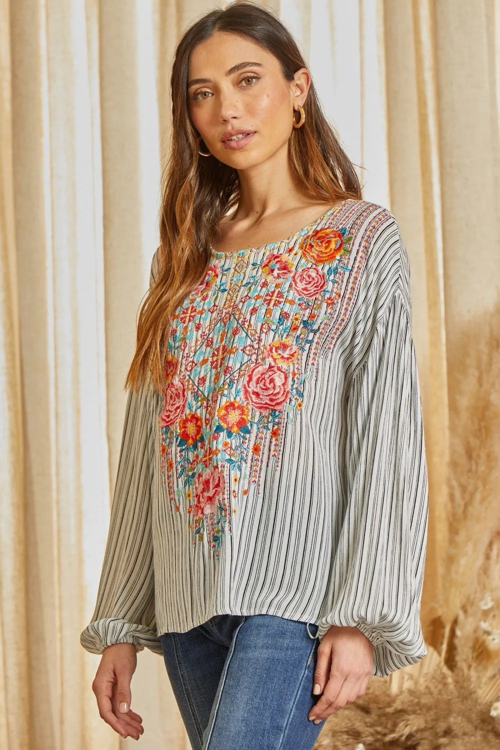 Embroidered & Striped Top