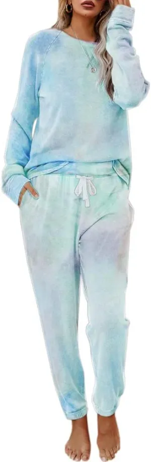 Eurivicy Women's Tie Dye Sweatsuit Set 2 Piece Long Sleeve Pullover and Drawstring Sweatpants Sport Outfits Sets
