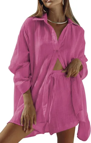 Fixmatti Women 2 Piece Outfits Long Sleeve Button Down Blouse and Shorts Sweatsuit Sets