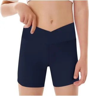 Girl Yoga Shorts for Workout V Waise Crossover Athletics Spandex Compression Biker Shorts High Waisted Kid Running Short