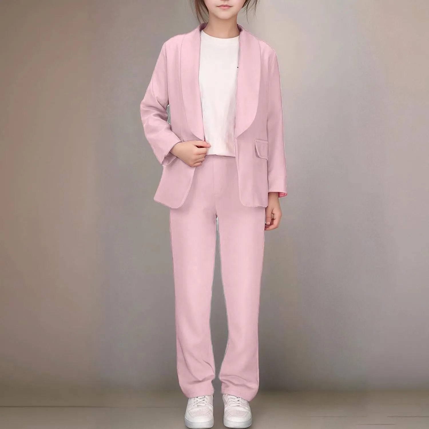Girl's 2 Piece Blazer Set School Button Front Long Sleeve Blazer and Long Pants Suit Lapel Collar Girls Jackets Sets