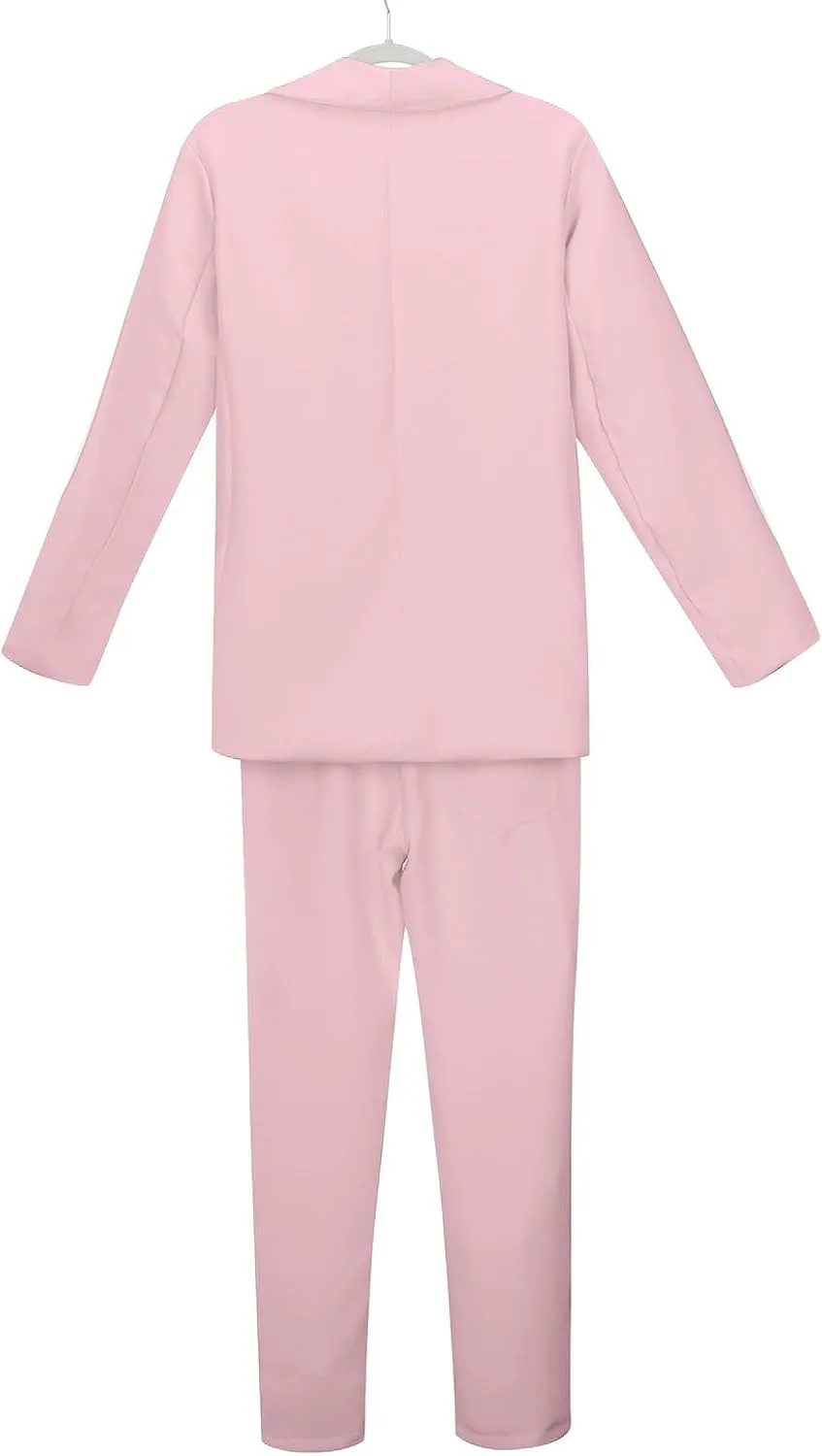 Girl's 2 Piece Blazer Set School Button Front Long Sleeve Blazer and Long Pants Suit Lapel Collar Girls Jackets Sets