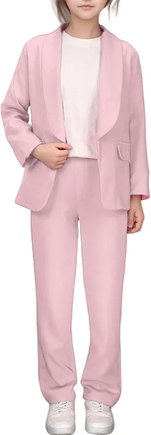 Girl's 2 Piece Blazer Set School Button Front Long Sleeve Blazer and Long Pants Suit Lapel Collar Girls Jackets Sets
