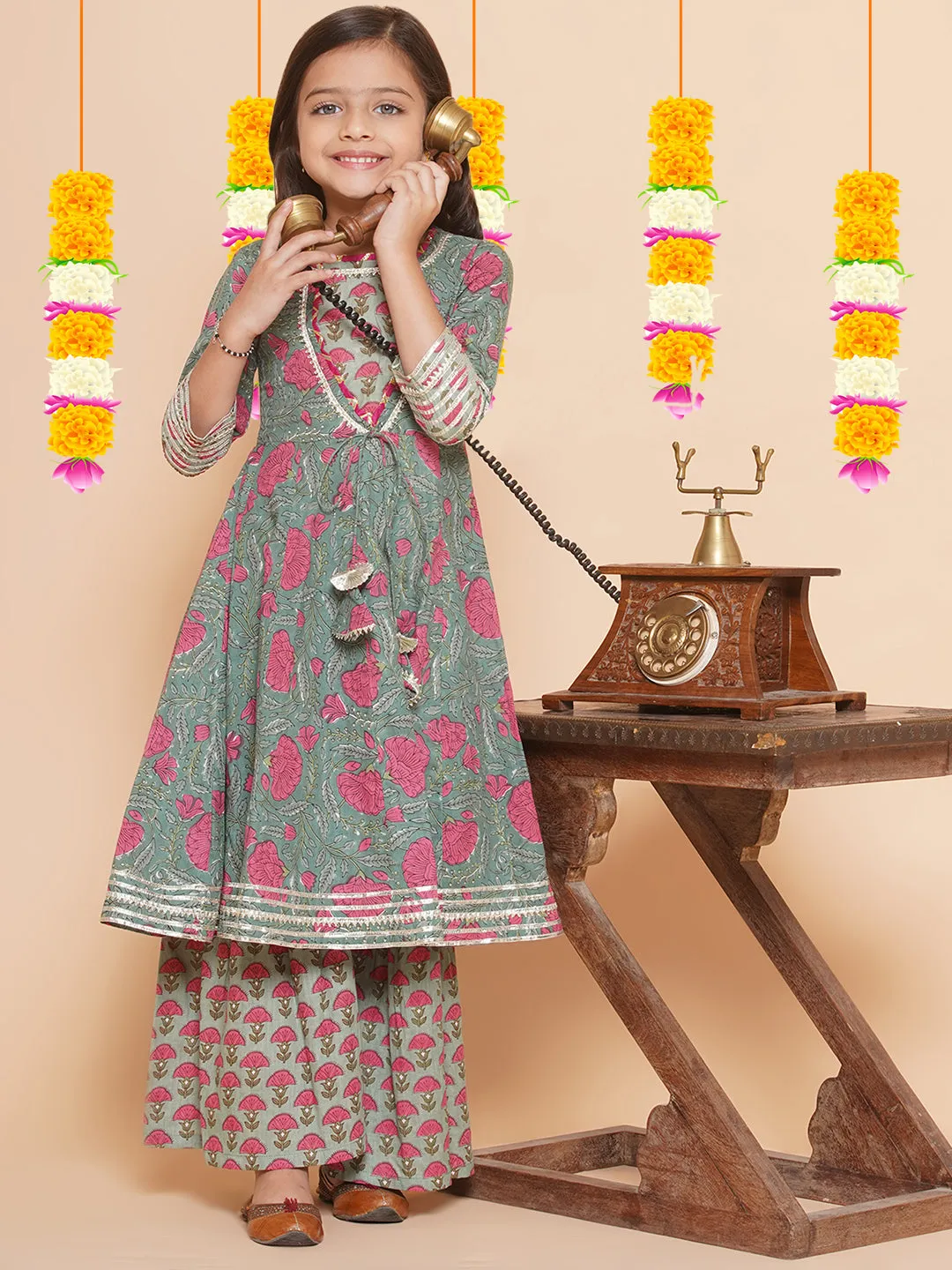 Girl's Green Printed Round Neck Kurta With Sharara - Bitiya By Bhama