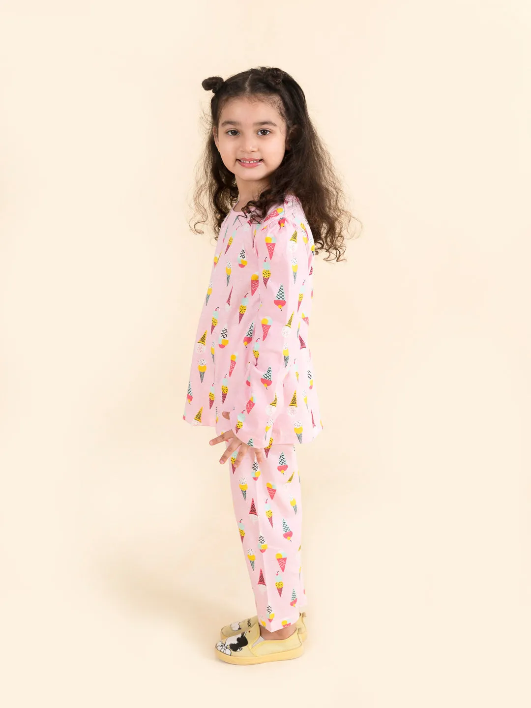 Girls Pink Blue Ice Cream Print Pure Cotton Night Suit - Ps Peaches