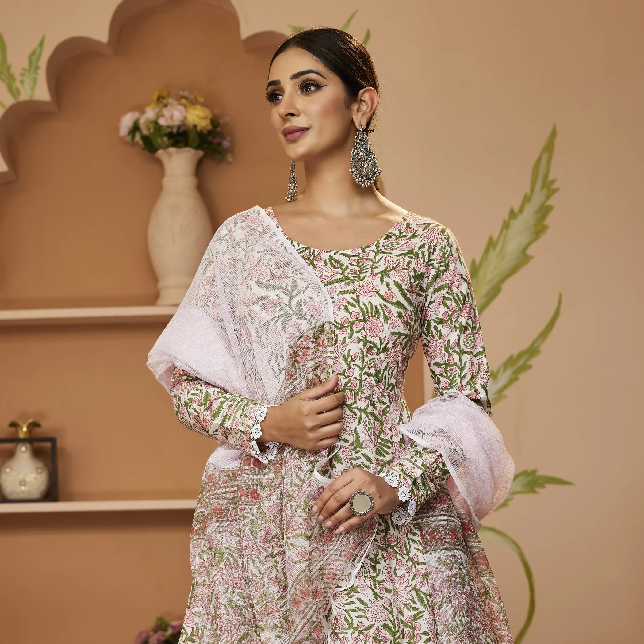 Jashvi Handblock Printed Green Anarkali Cotton Kurta With Trousers & Dupatta