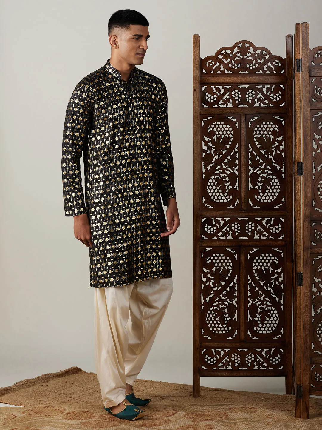 Jashvi Men's Black Foil Printed Kurta With Cream Patiala Set