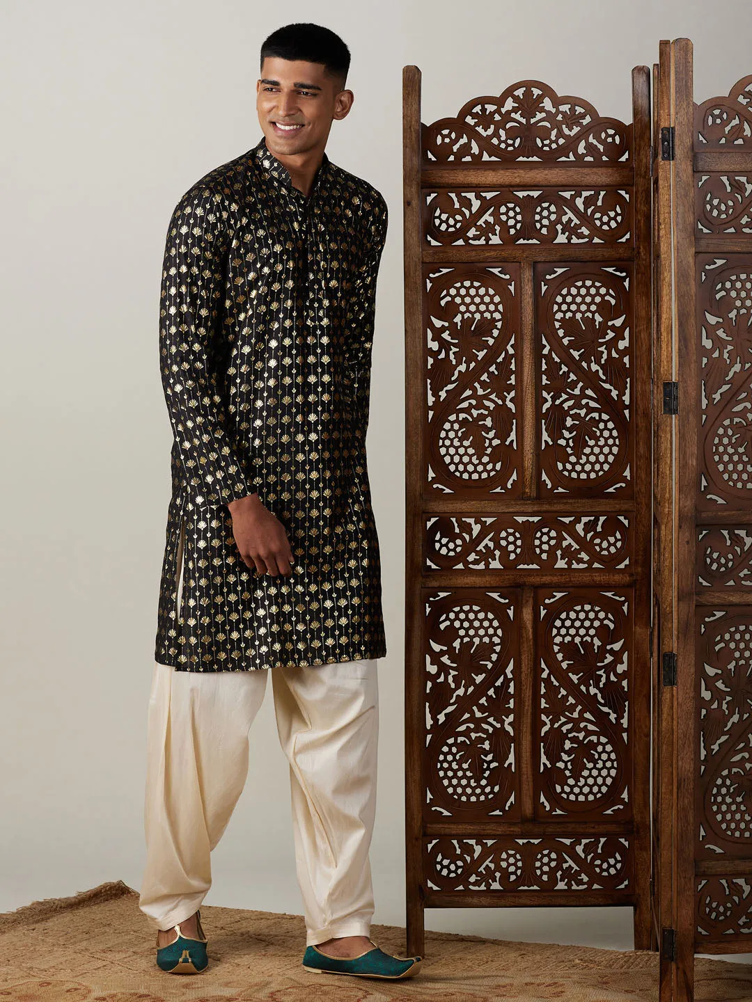Jashvi Men's Black Foil Printed Kurta With Cream Patiala Set