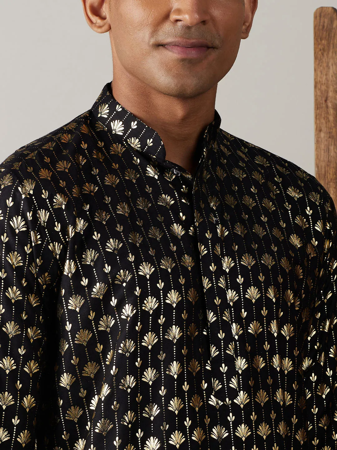 Jashvi Men's Black Foil Printed Kurta With Cream Patiala Set