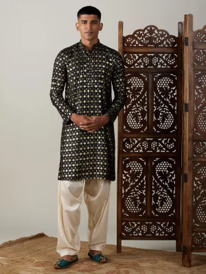 Jashvi Men's Black Foil Printed Kurta With Cream Patiala Set