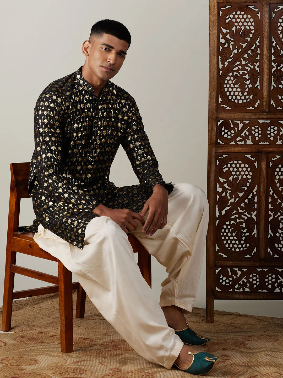 Jashvi Men's Black Foil Printed Kurta With Cream Patiala Set
