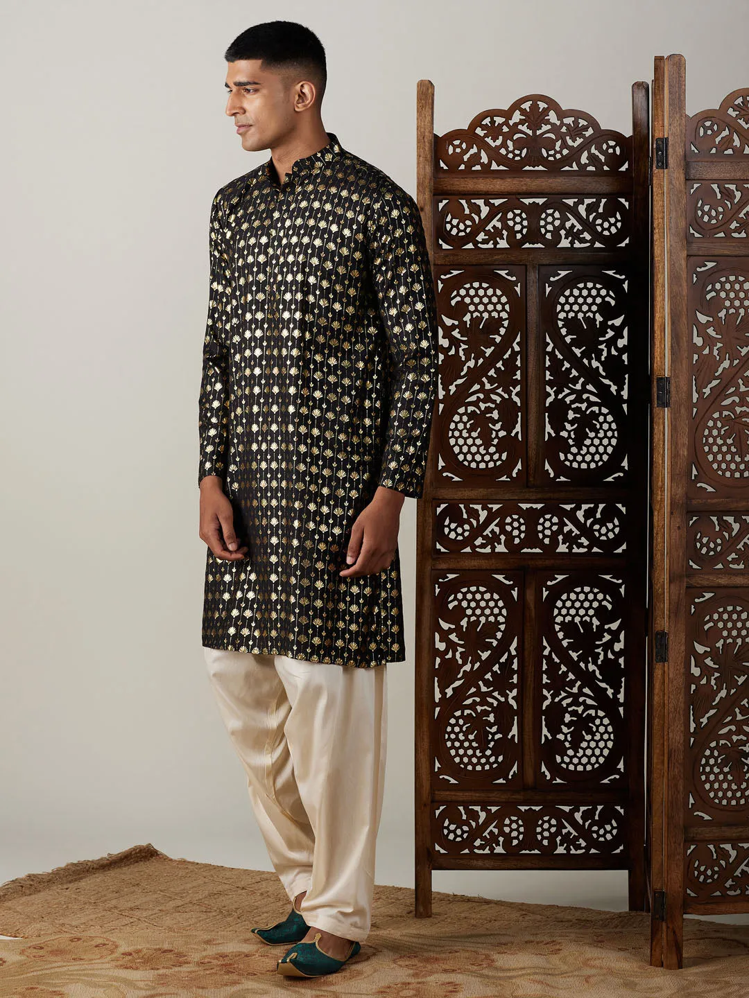 Jashvi Men's Black Foil Printed Kurta With Cream Patiala Set