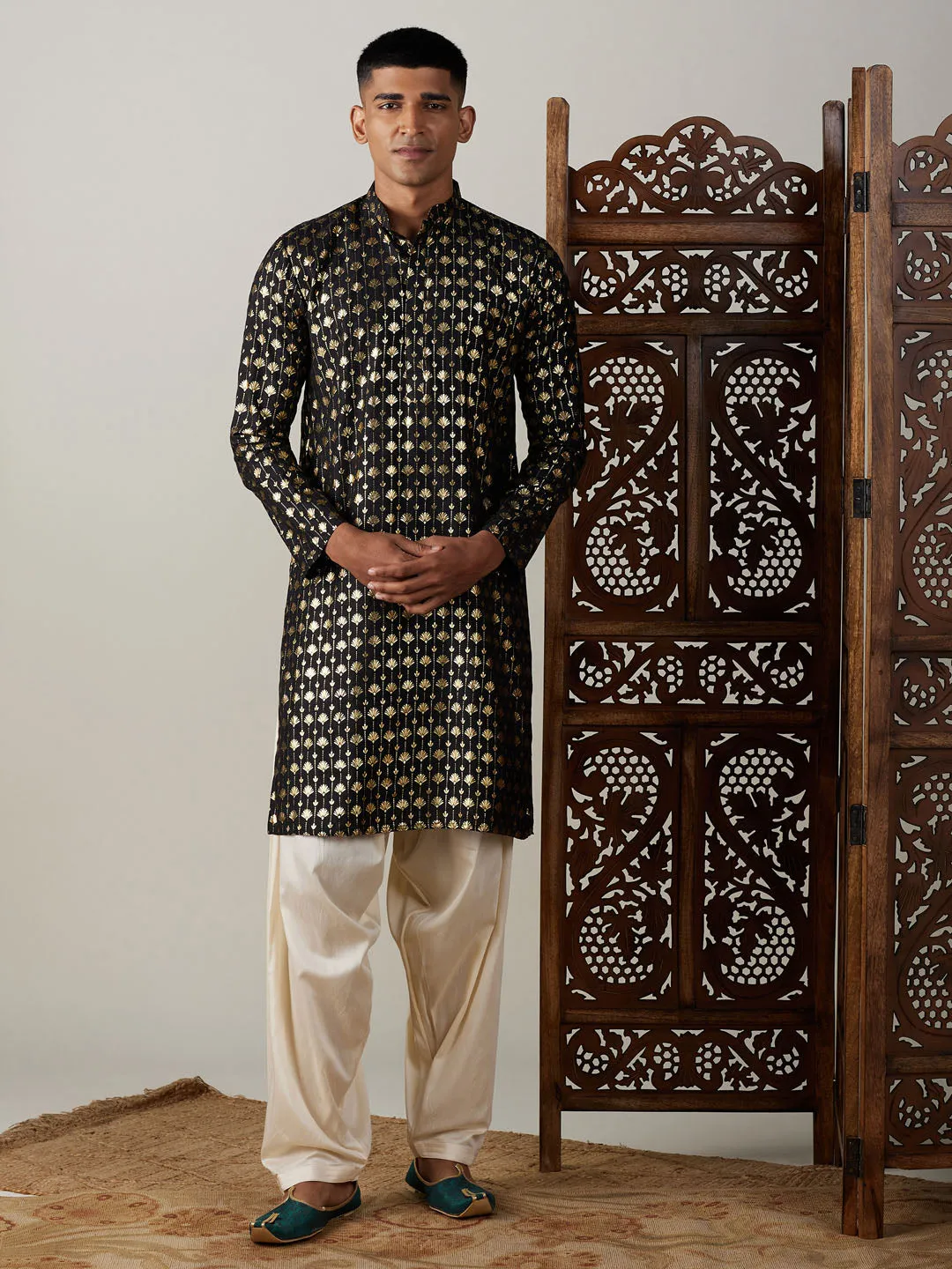 Jashvi Men's Black Foil Printed Kurta With Cream Patiala Set
