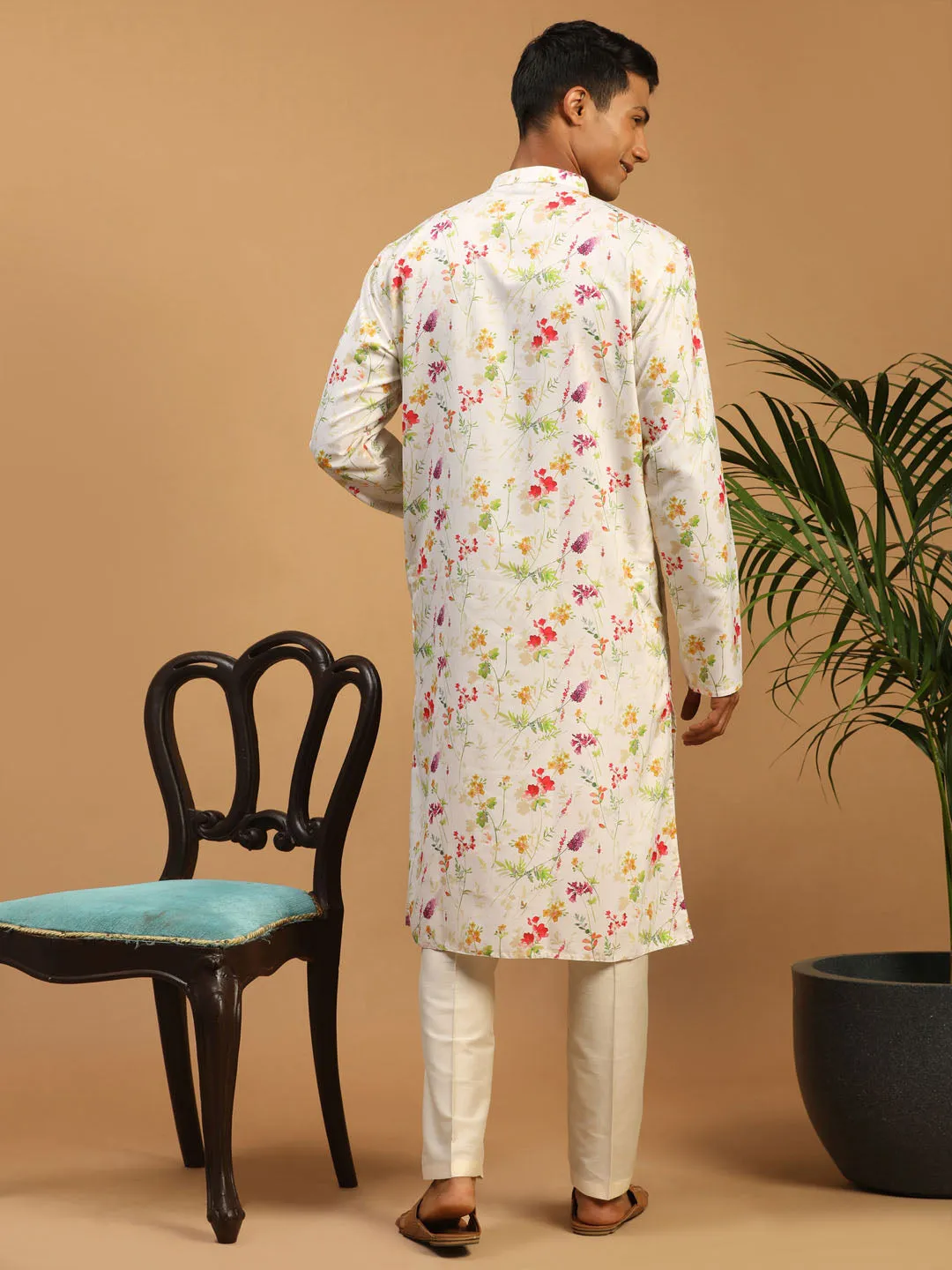 Jashvi Men's Cream Printed Cotton Blend Kurta and Cream Viscose Pant Set